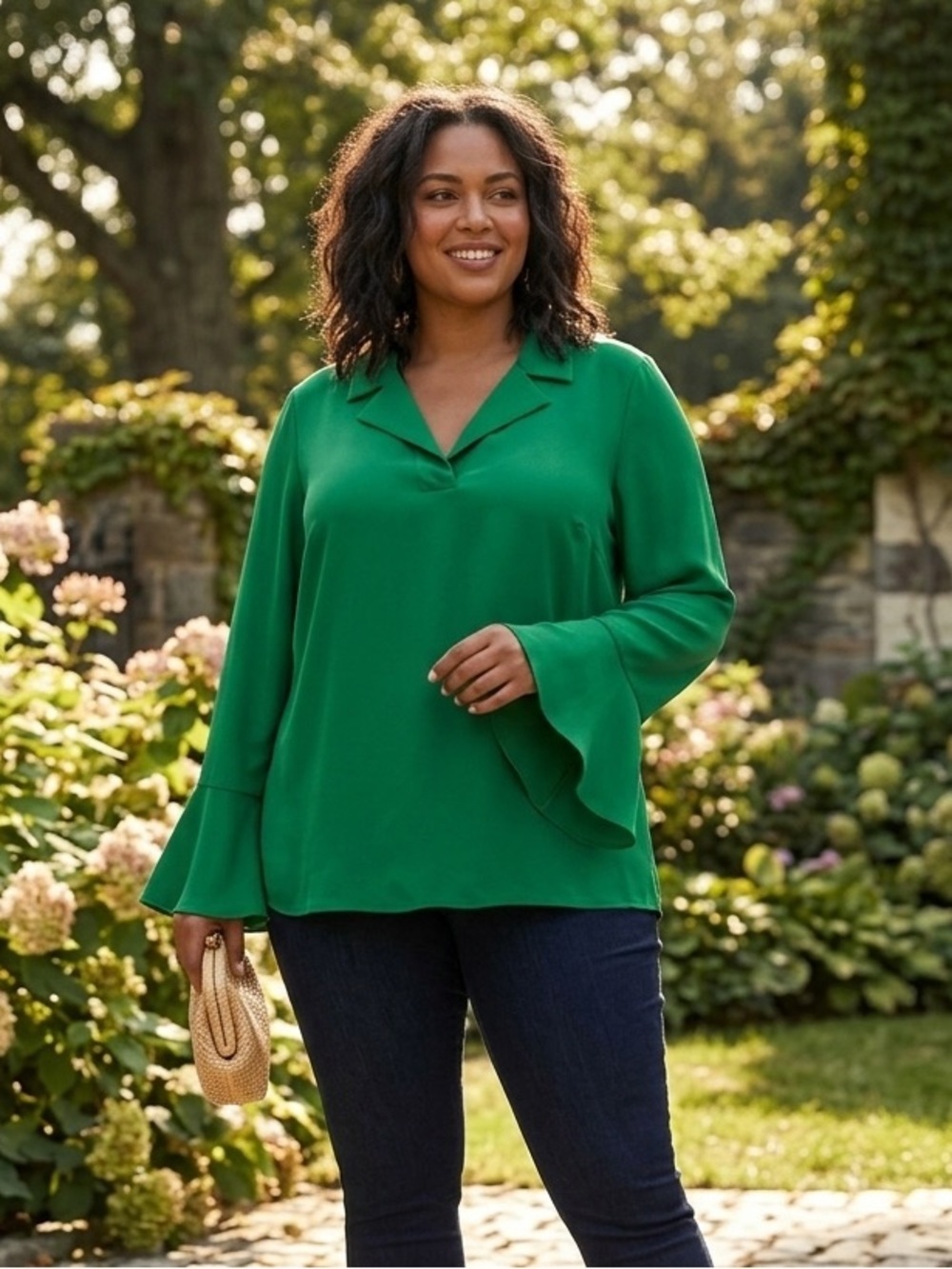 Eloquii | Vibrant Green Blouse with Flare Sleeves | Sz 14